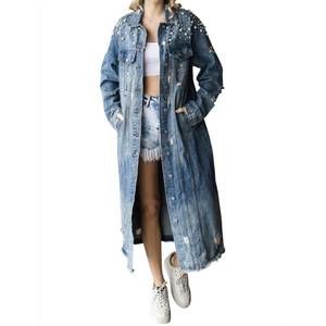 NEW VEVERET pearl crystal embellished long denim jacket in medium wash